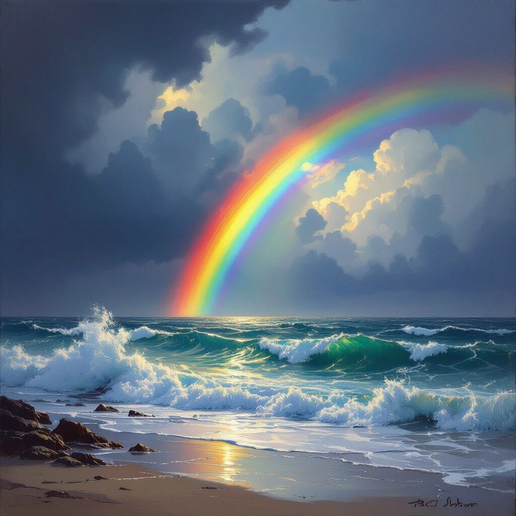 Rainbow Over Stormy Ocean in Landscape Painting Style