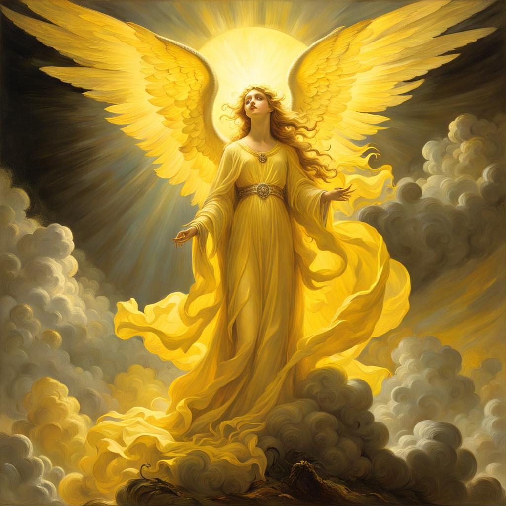 Yellow Angel in Mystic Fog: Dreamcore Oil Painting