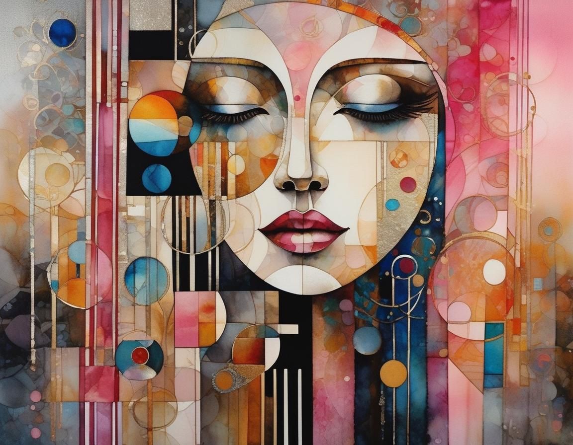 Klimt-Inspired Surrealist Composition with Geometric Shapes