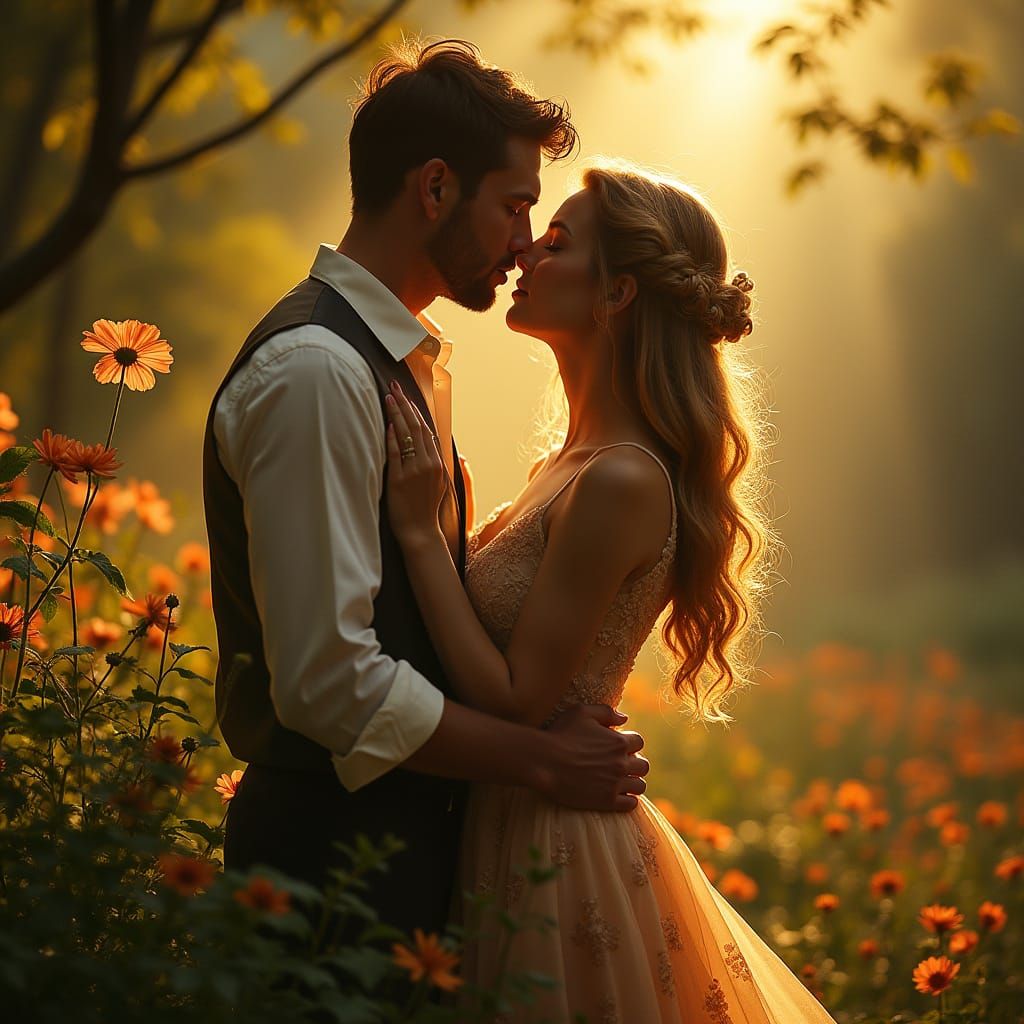 Romantic Kiss in a Pre-Raphaelite Style