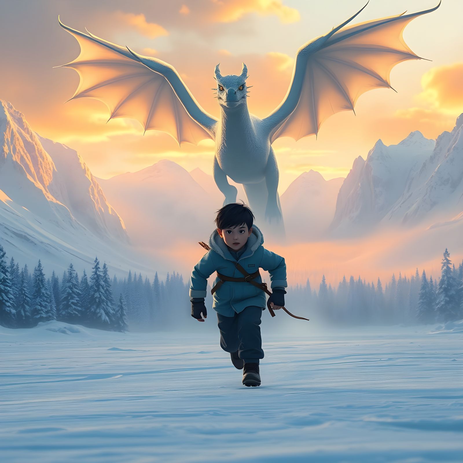 Boy Sprinting from a Majestic Dragon in Icy Landscape