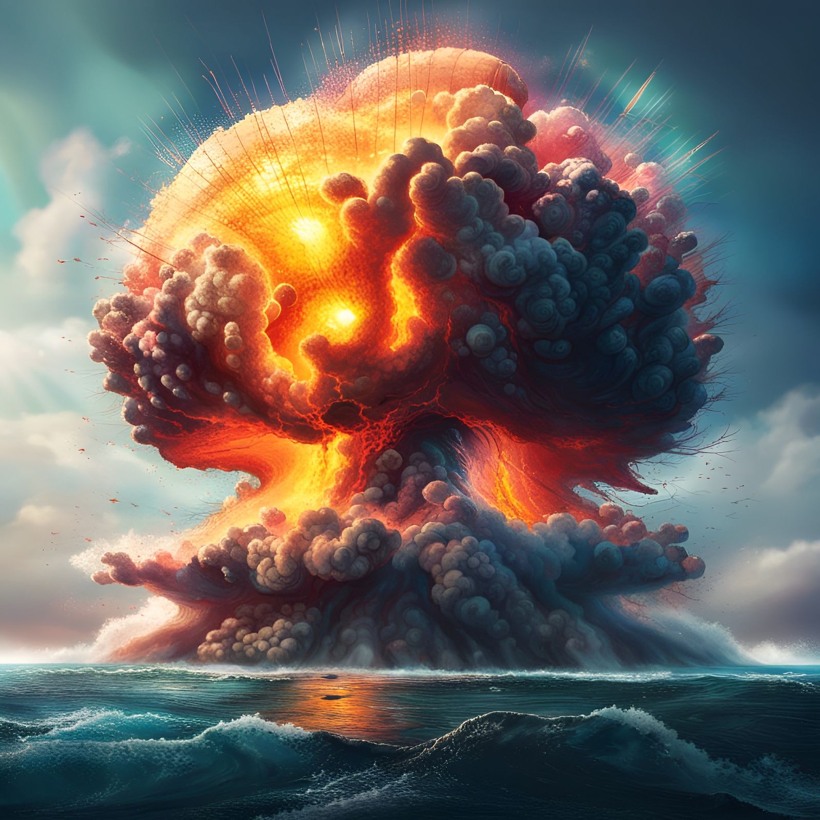 Hyperrealistic Nuclear Explosion in Ocean Splash Art