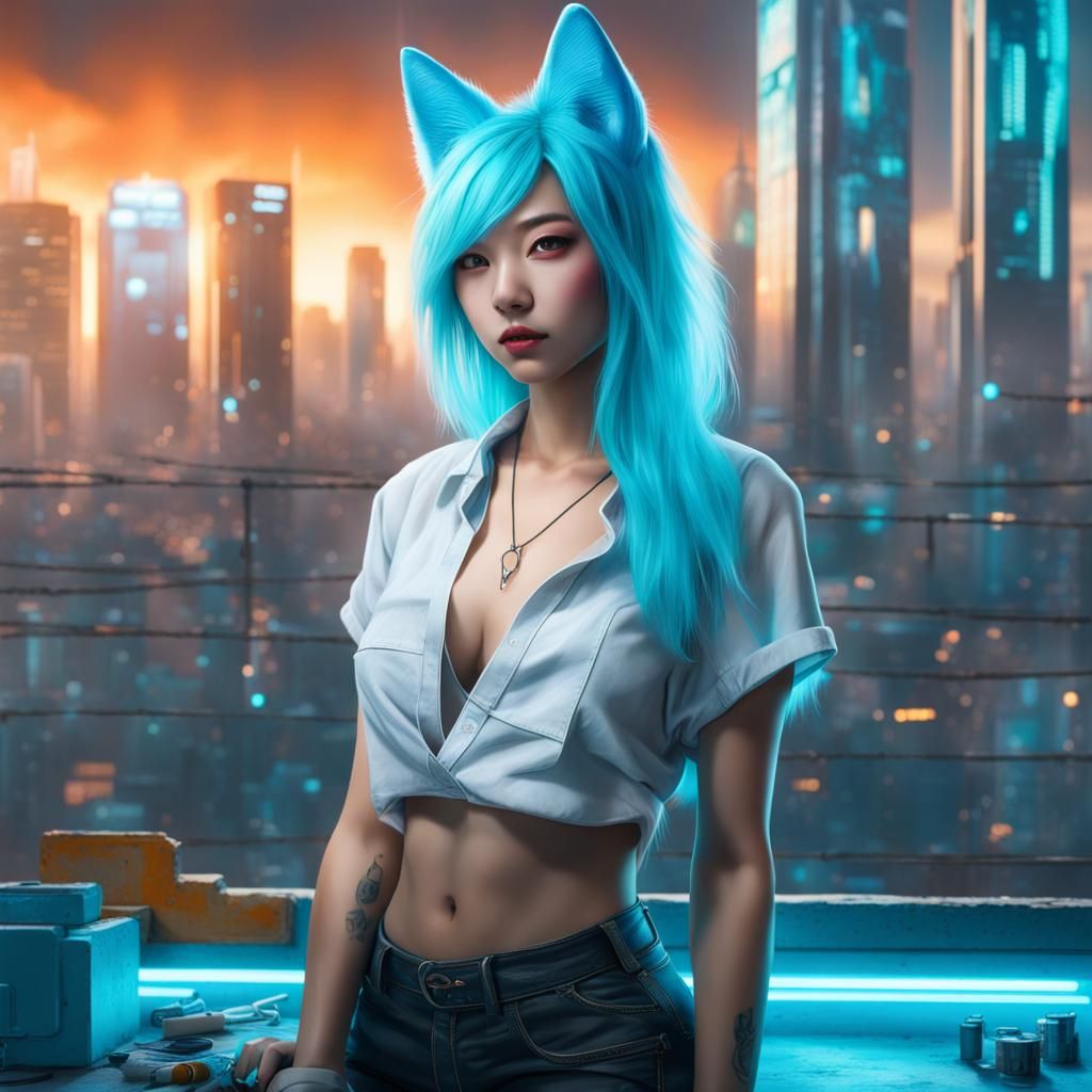 Futuristic Kitsune Girl in Cyberpunk Cityscape