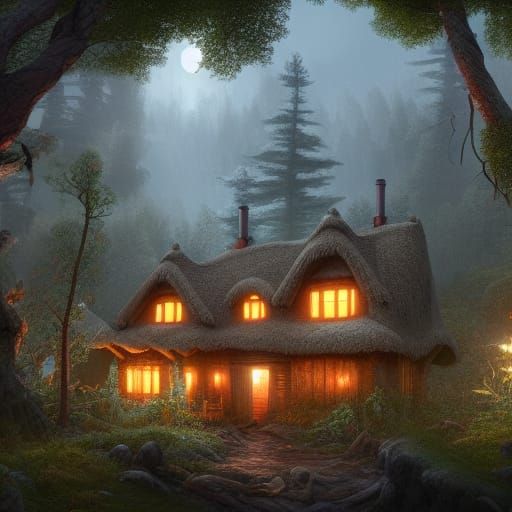 Fantastical Cottage in Forest: Detailed Matte Painting