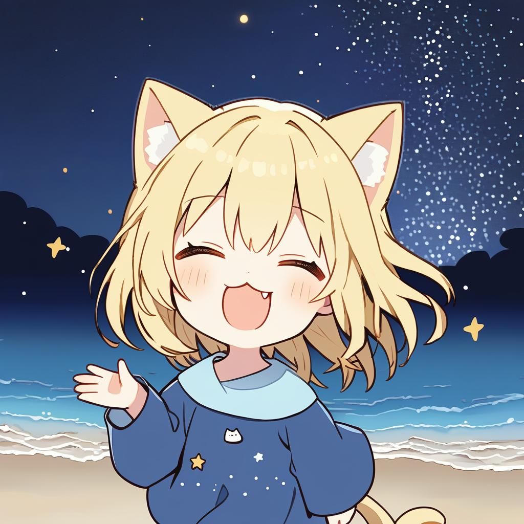 Adorable Catgirl with Cat Ears on Starry Beach