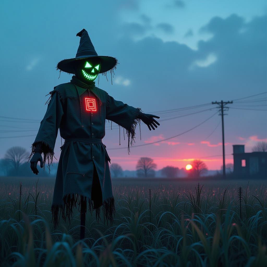 Cyberpunk Scarecrow in Twilight Field