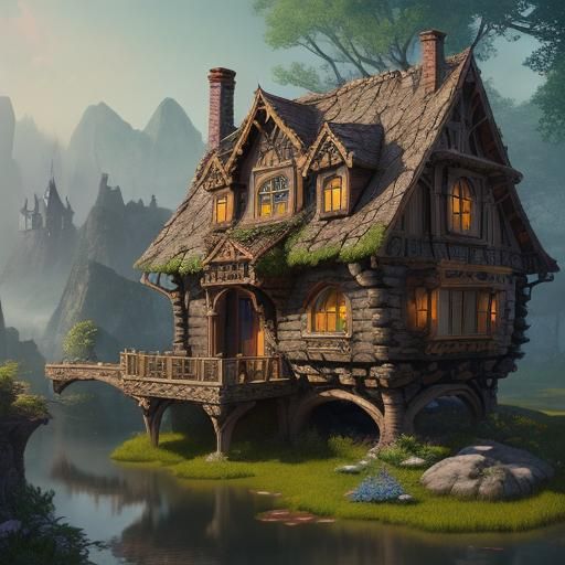 Whimsical Fantasy Home Overlooking a Serene Lake in Cyberpun...