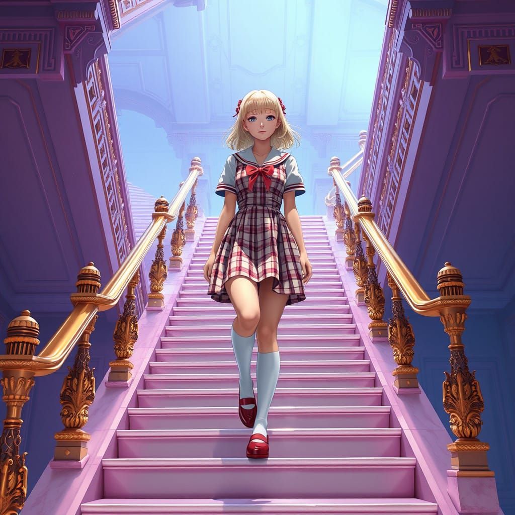 Japanese Princess Ascends Luminous Staircase in Futuristic,....