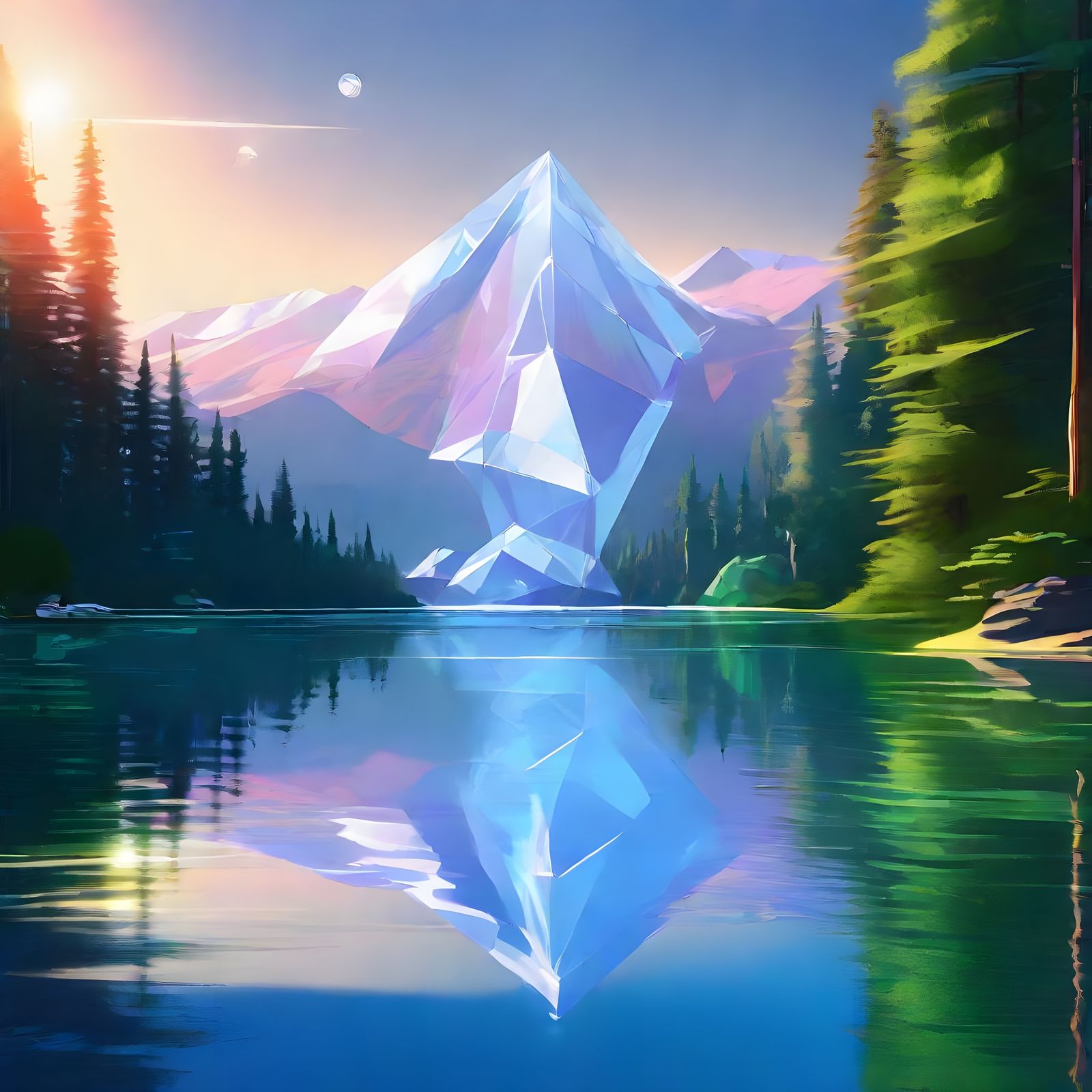 Vibrant Holographic Landscape with Diamond Lake and Crystall...