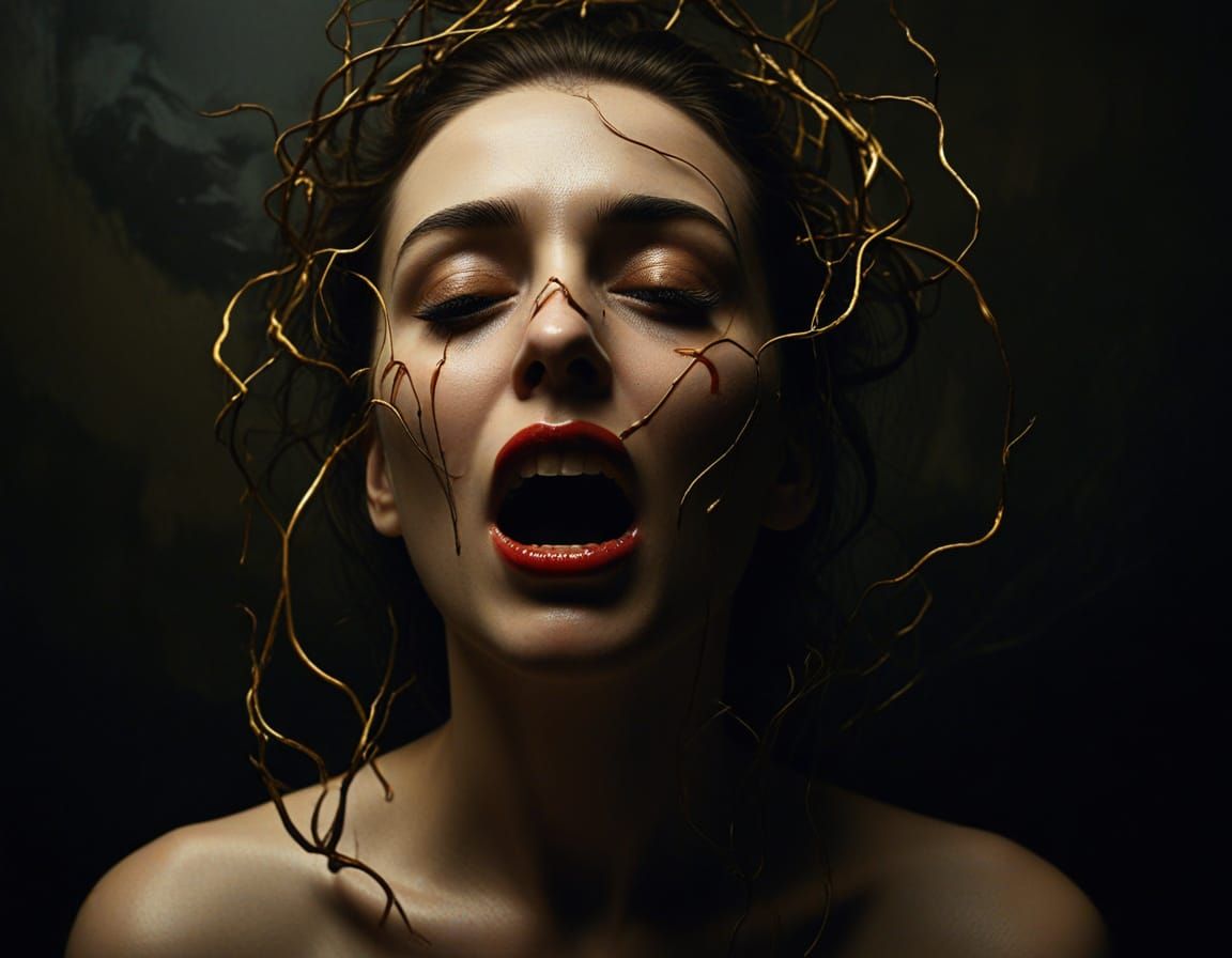 Tormented Woman in Dark Surrealist Landscape