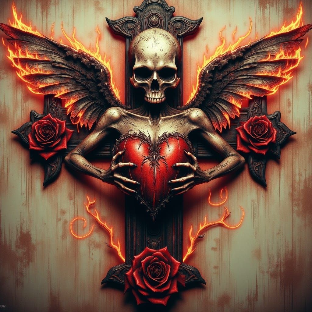 Skull Heart Tattoo with Wings and Flames