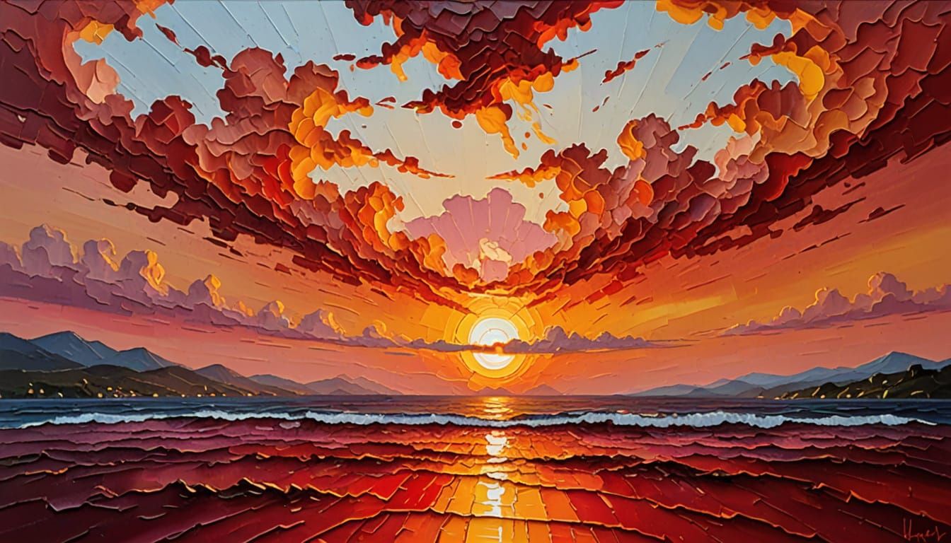 Vibrant Sunset Landscape as Impasto Oil Painting