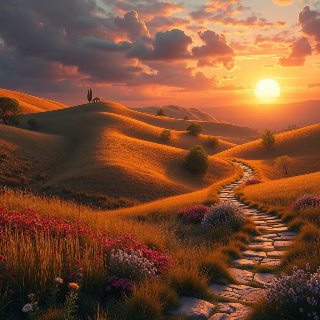 Dreamy Sunset Landscape in Vibrant Earth Tones