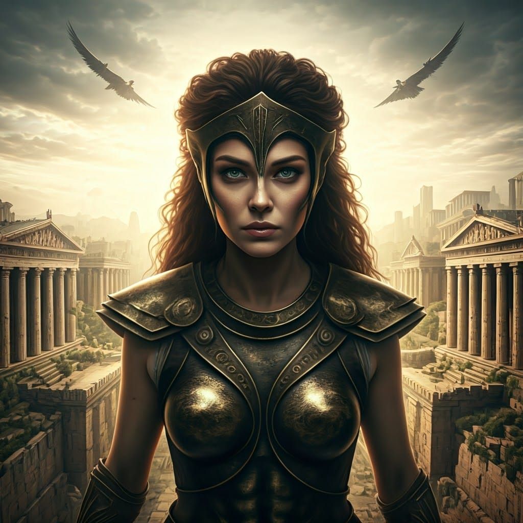 Amazon Warrior in Flight Above Ancient Greek Ruins