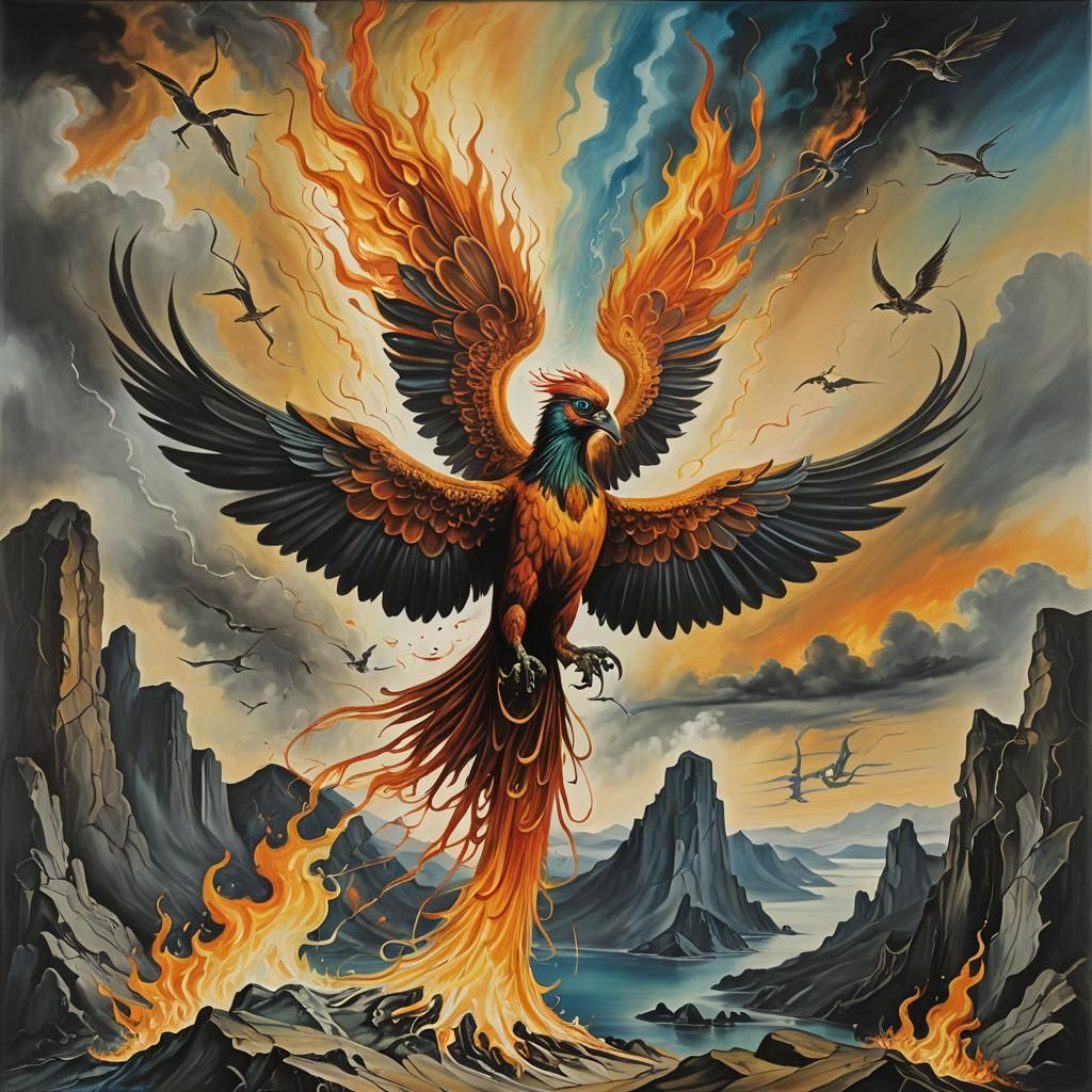Surreal Phoenix of Fire in Oil on Canvas