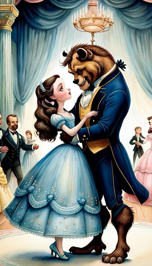 Belle and Beast's Dance: Soft Watercolor Illustration