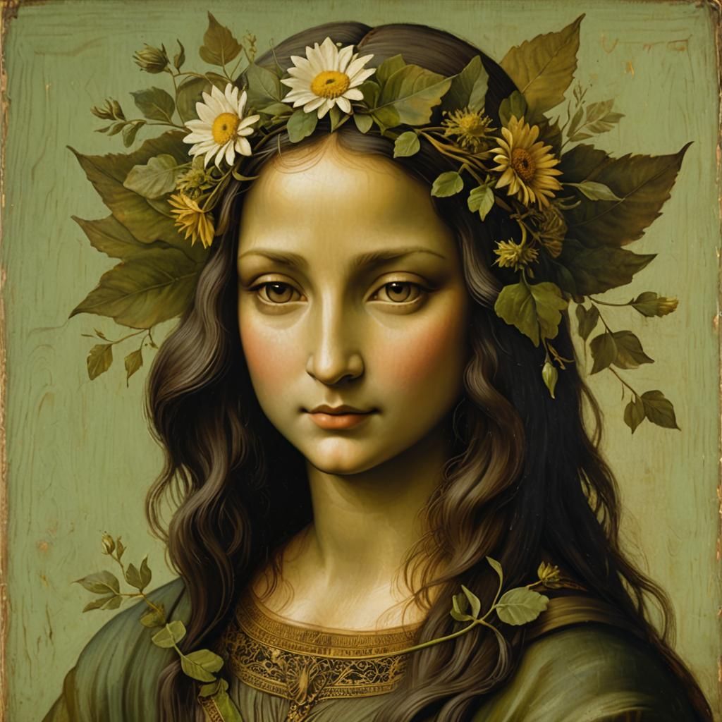 Ethereal Mona Lisa Portrait with Chamomile Flower