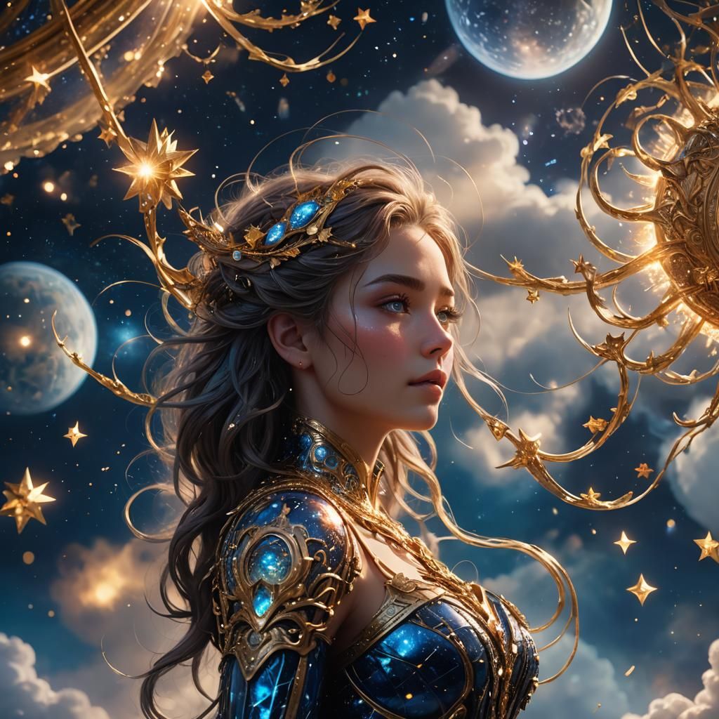 Otherworldly Being in Iridescent Cosmic Scene