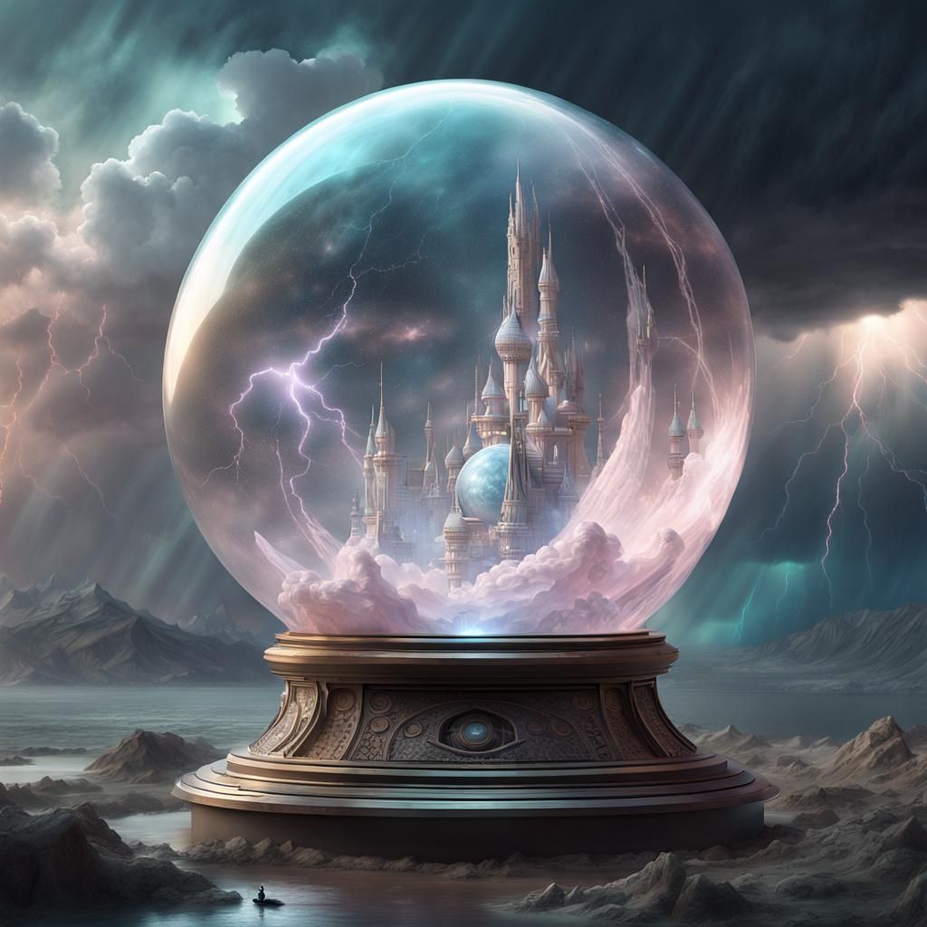 Pastel Spaceship Crystal Ball in Dark Fantasy Environment