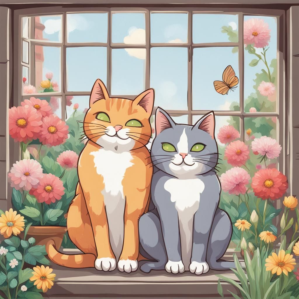 Smiling Cats Hugging in Flower Garden Window
