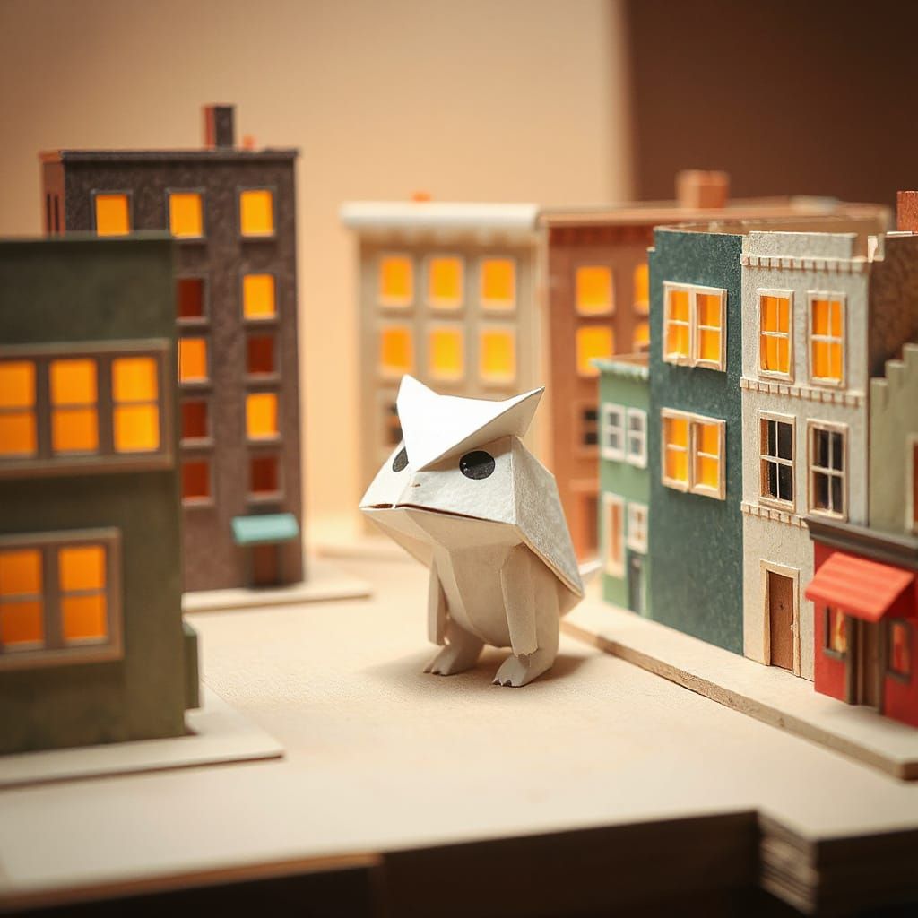 Papercraft Character Explores Miniature City