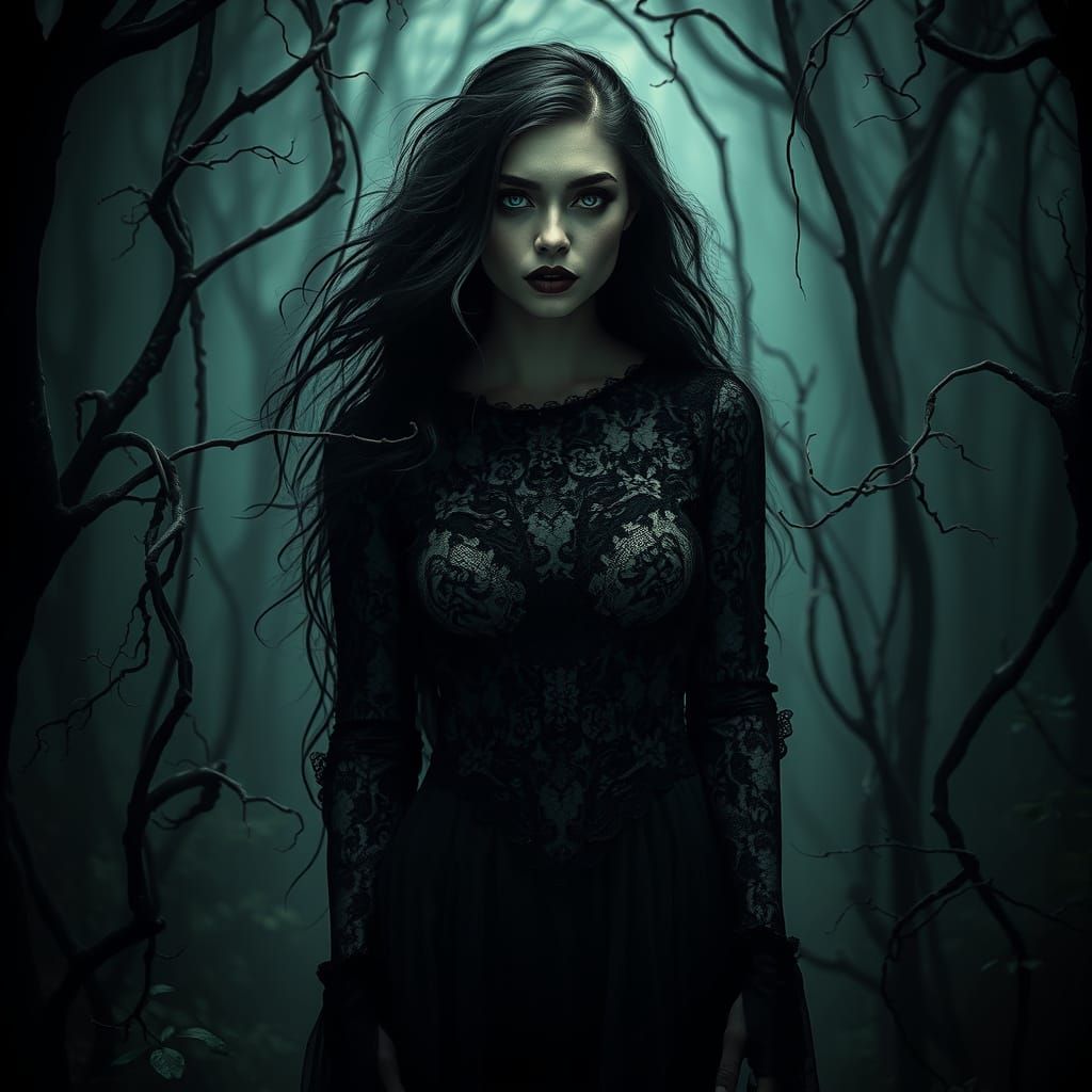 Gothic Woman in Dark, Mystical Forest