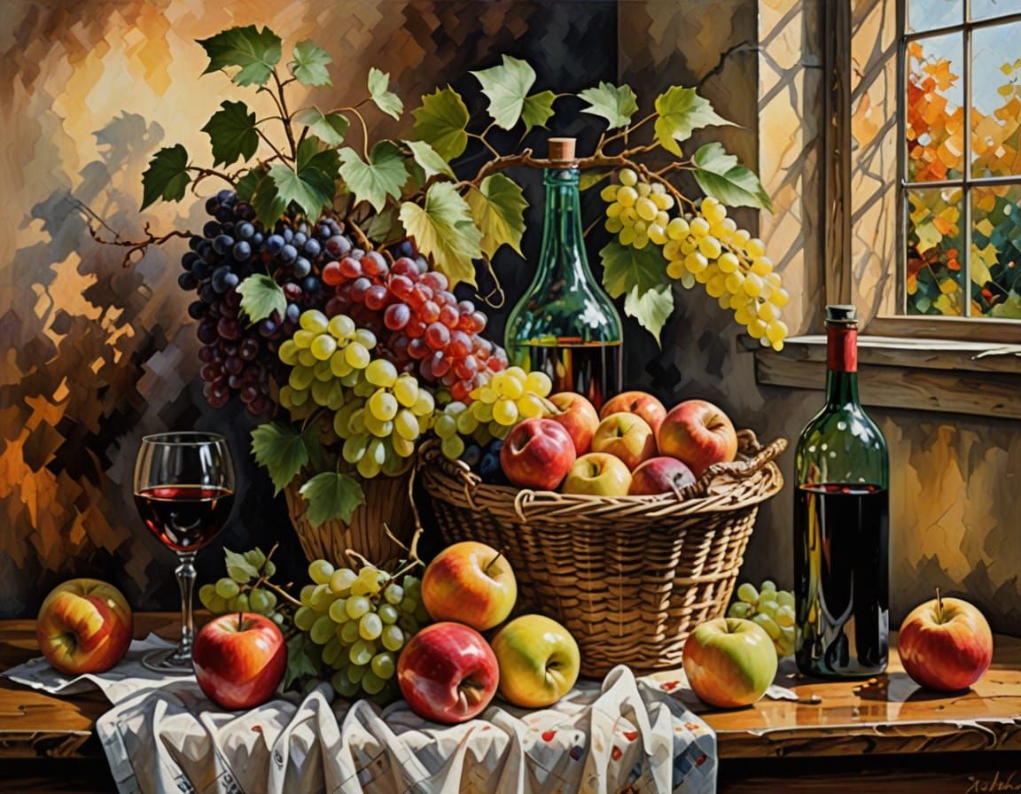 Vibrant Still Life with Grapes and Apples in Warm Lighting