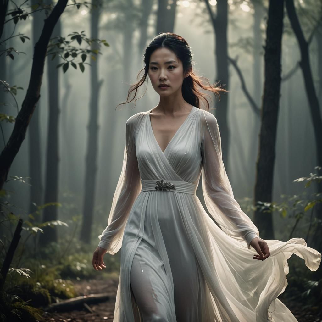 Cinematic Portrait of Woman in White Dress