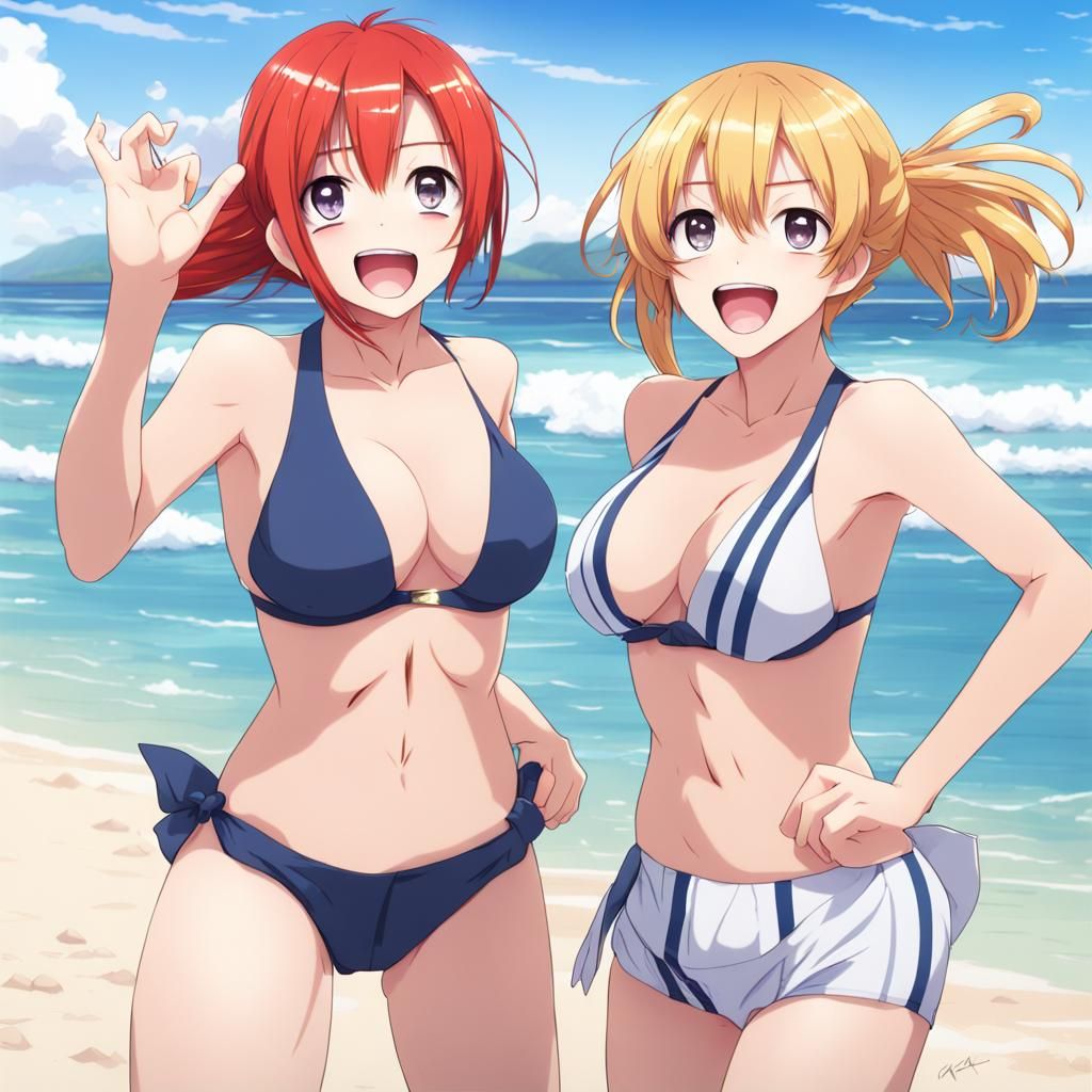 Two Girls with Red and Blonde Hair at Beach in Anime Style