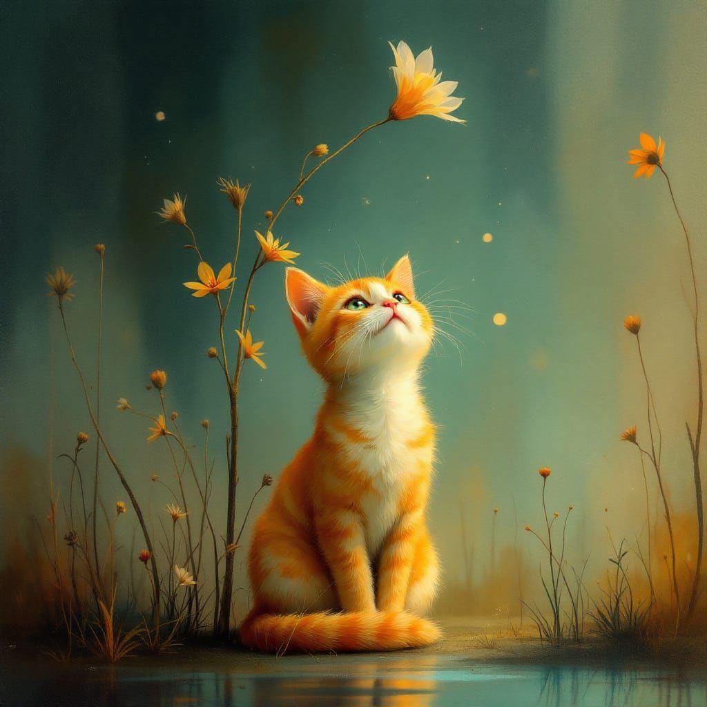 Adorable Cat Under Tall Flower in Magical Realism Style