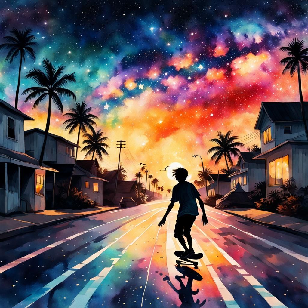 Boy Skateboarding on Starry Street in Watercolor Art