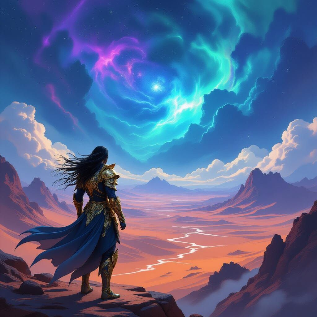 Warrior on Alien Peak in Nebula Sky