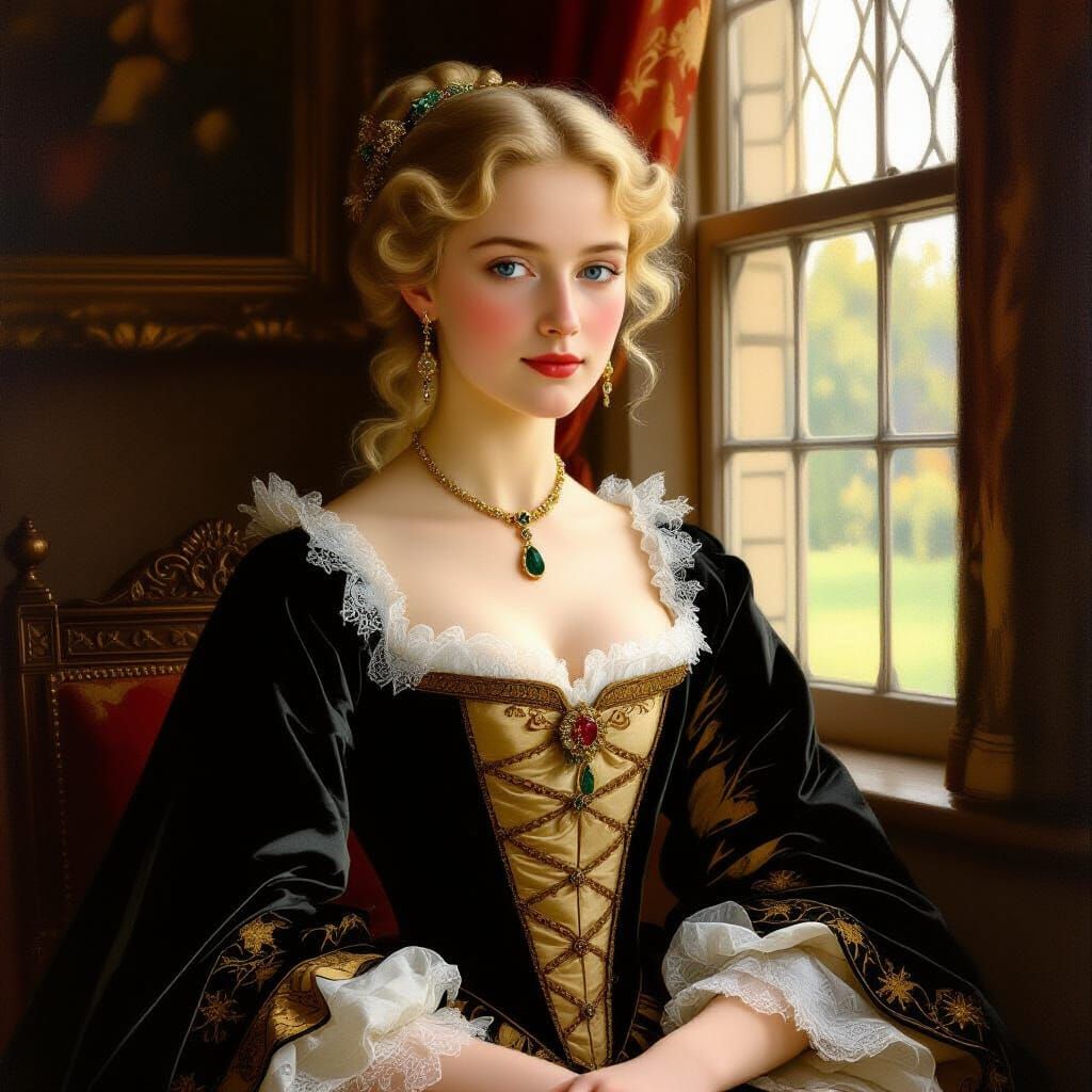 17th Century Noblewoman in Ornate Gown, Oil Painting