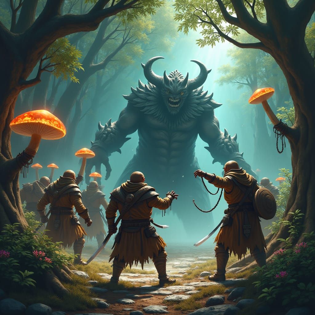 Adventurers Battle Shadow Creature in Mystical Forest