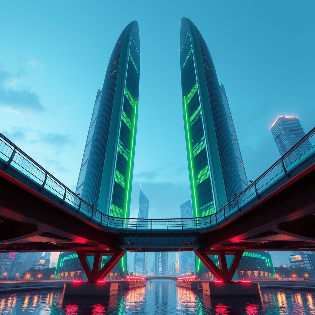 A bridge between a pair of sleek, streamlined, futuristic-lo...