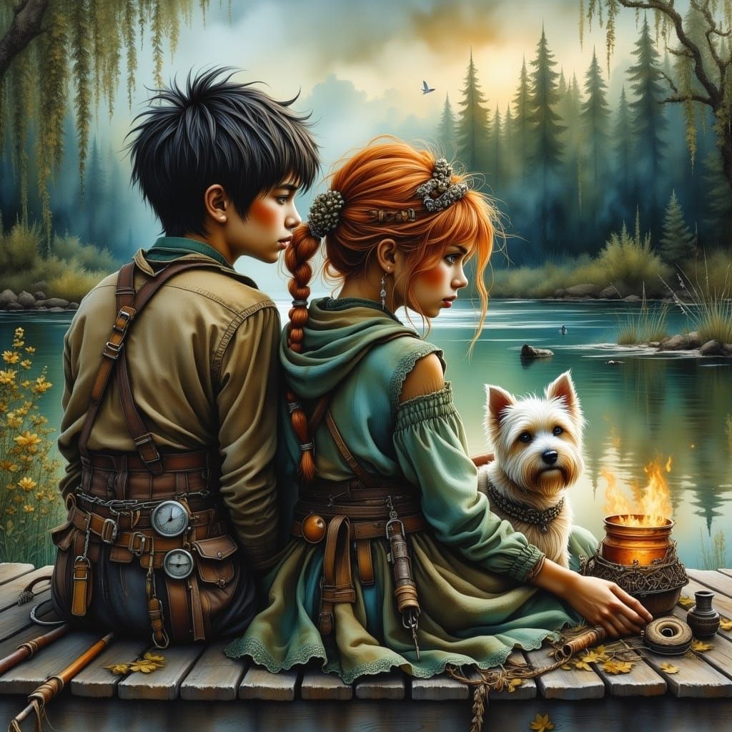 Steampunk Orphans Fishing on an Abandoned Lake