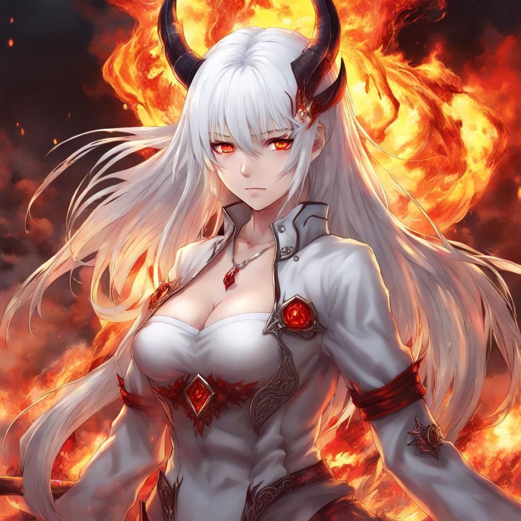 Fiery White-Haired Demon Girl in Anime Style