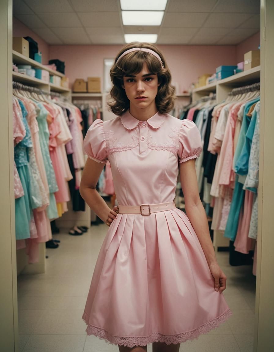Muscular Teen Crossdressing in Easter Dress, Cinematic Still