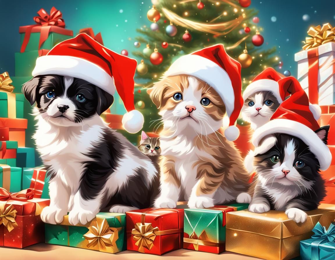 Festive Christmas: Kittens and Puppies in Hyperrealism