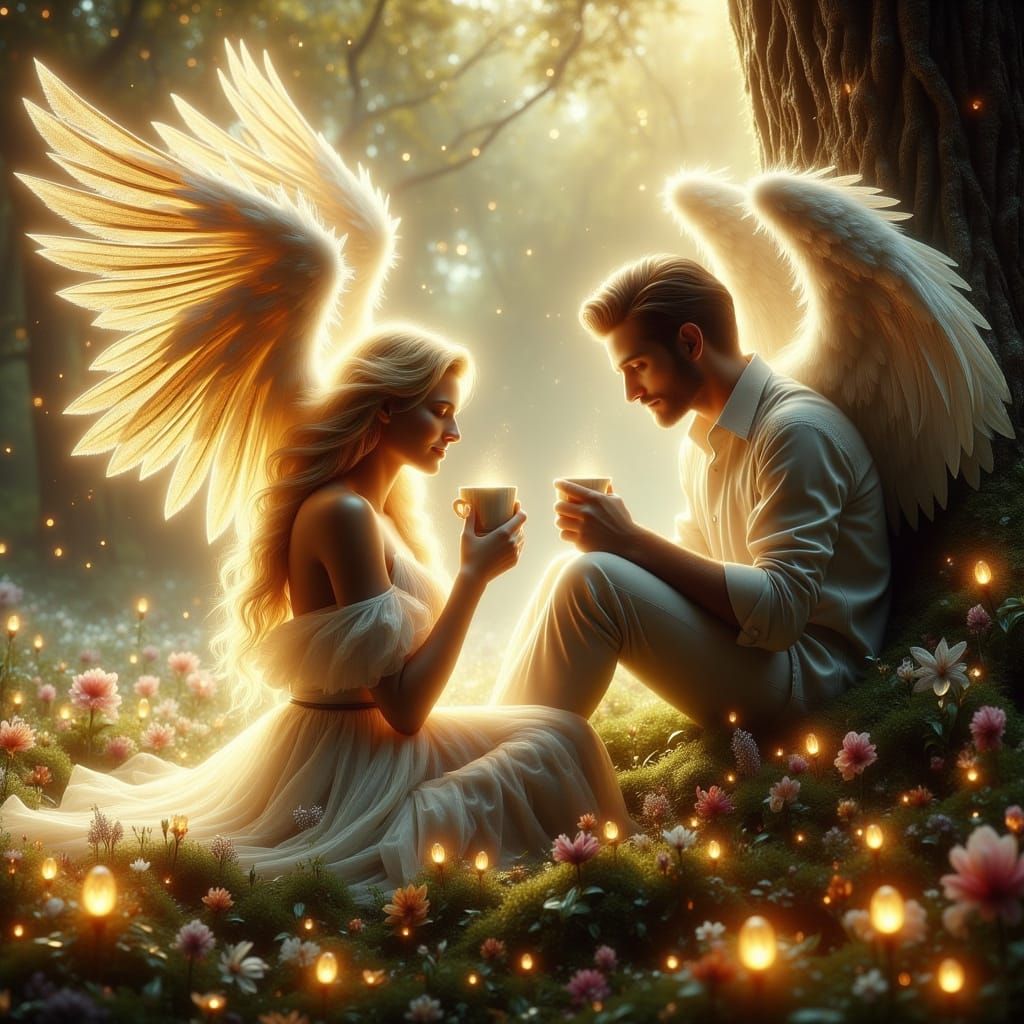 Radiant Angel with Coffee Descends from Heaven