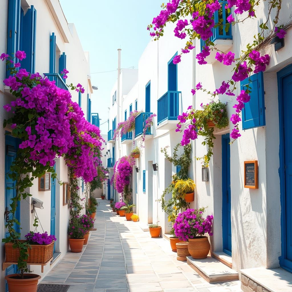 Charming Greek Village Street in Impressionist Style
