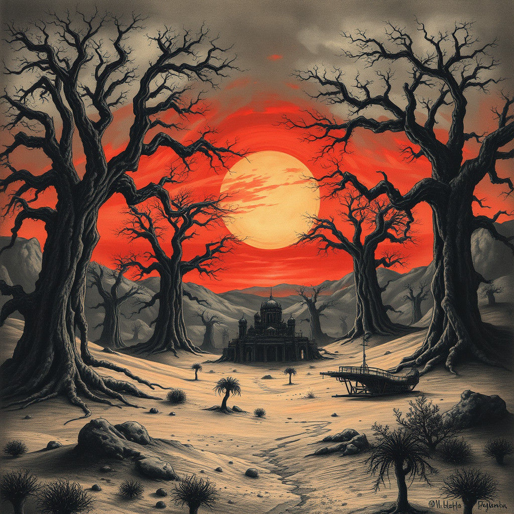 Mystical Alien World Charcoal Drawing