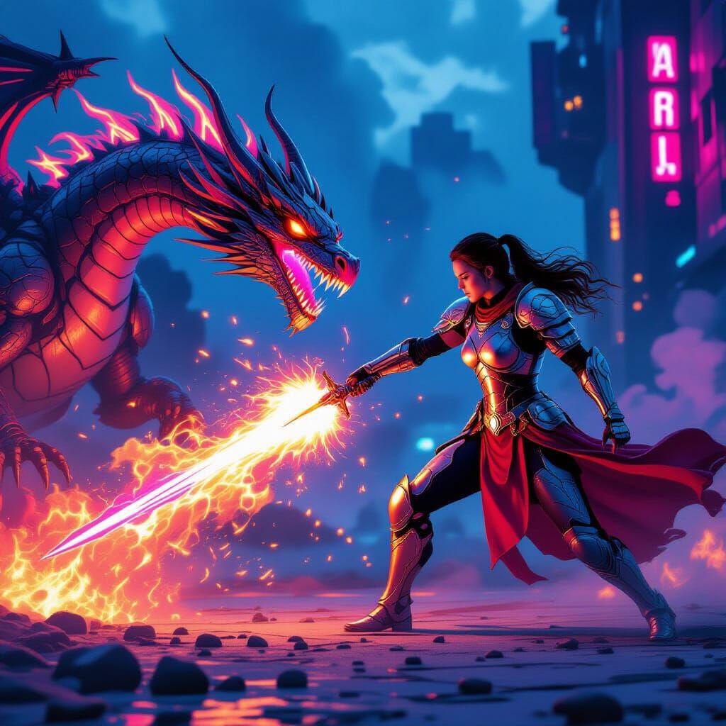 Princess Warrior Versus Neon Dragon in Sci-Fi Landscape