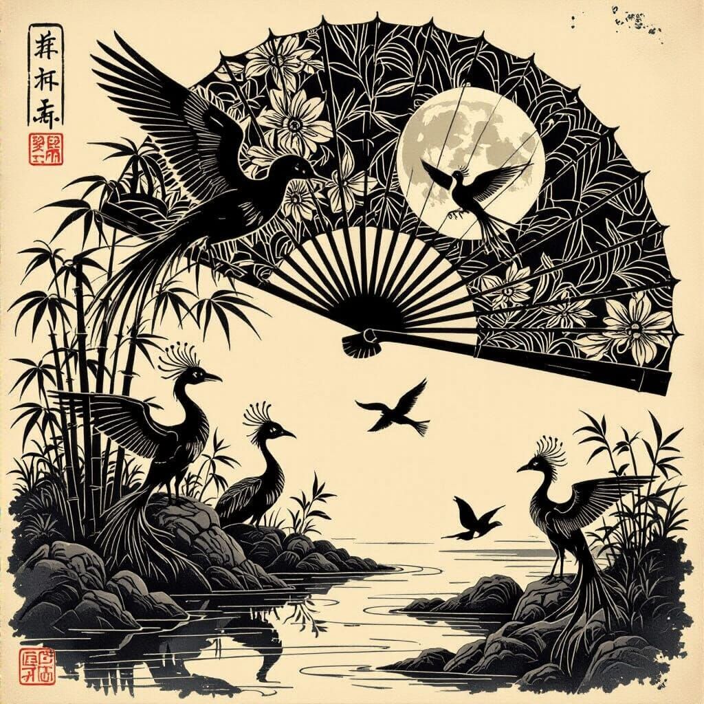 Japanese Ink Dragon-Birds on Parchment