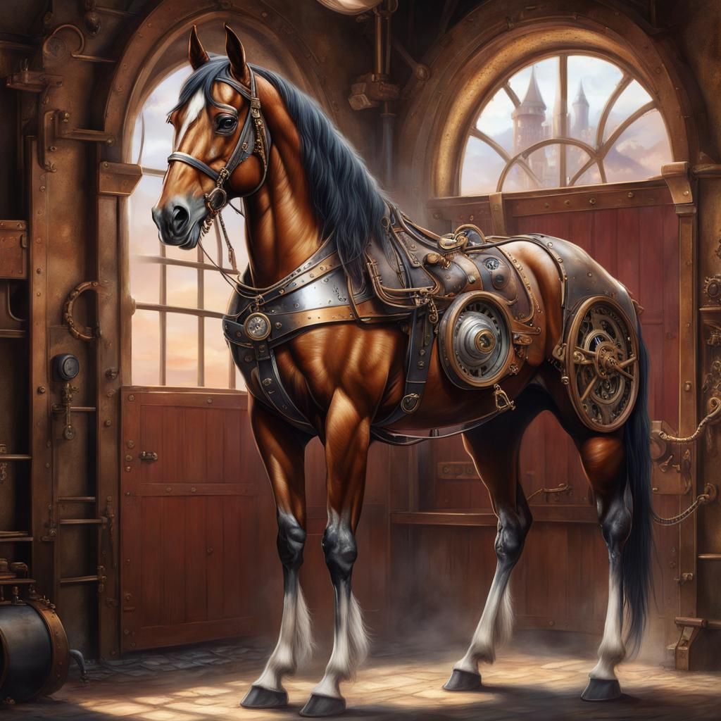 Steampunk Arabian Stallion in Stable: Airbrush Painting