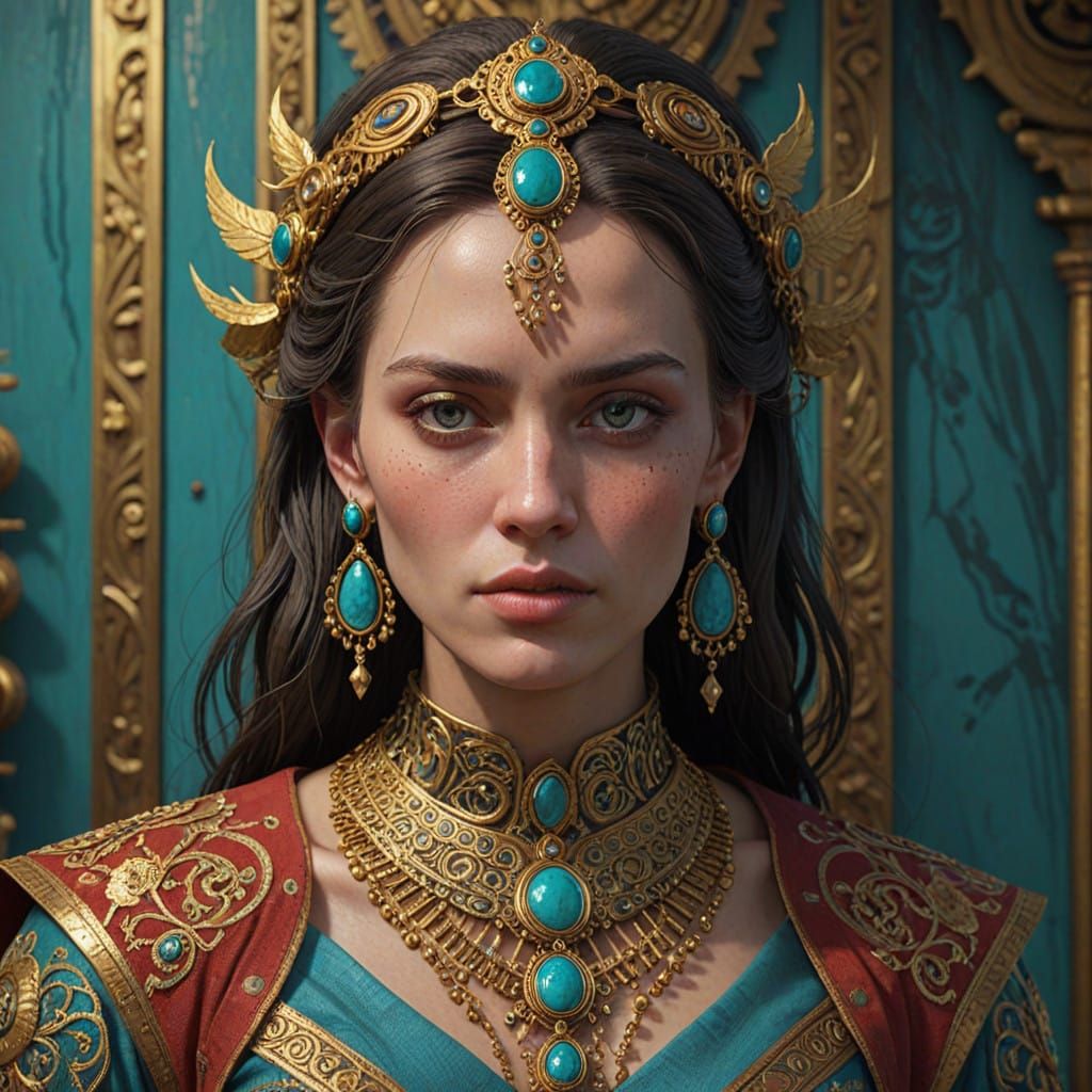 Regal Woman in Opulent, Hand-Painted Tapestry