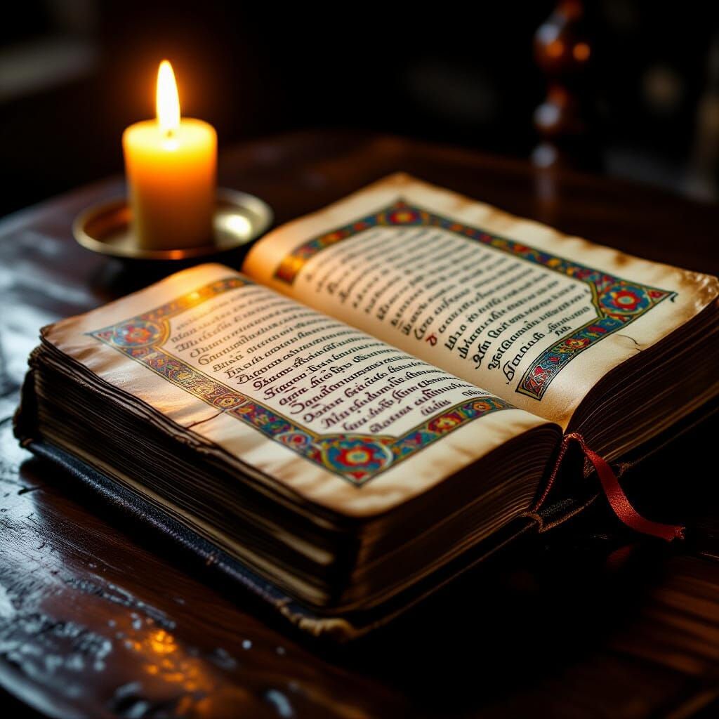 Ancient Illuminated Prayer Book on Wooden Table in Candlelig...