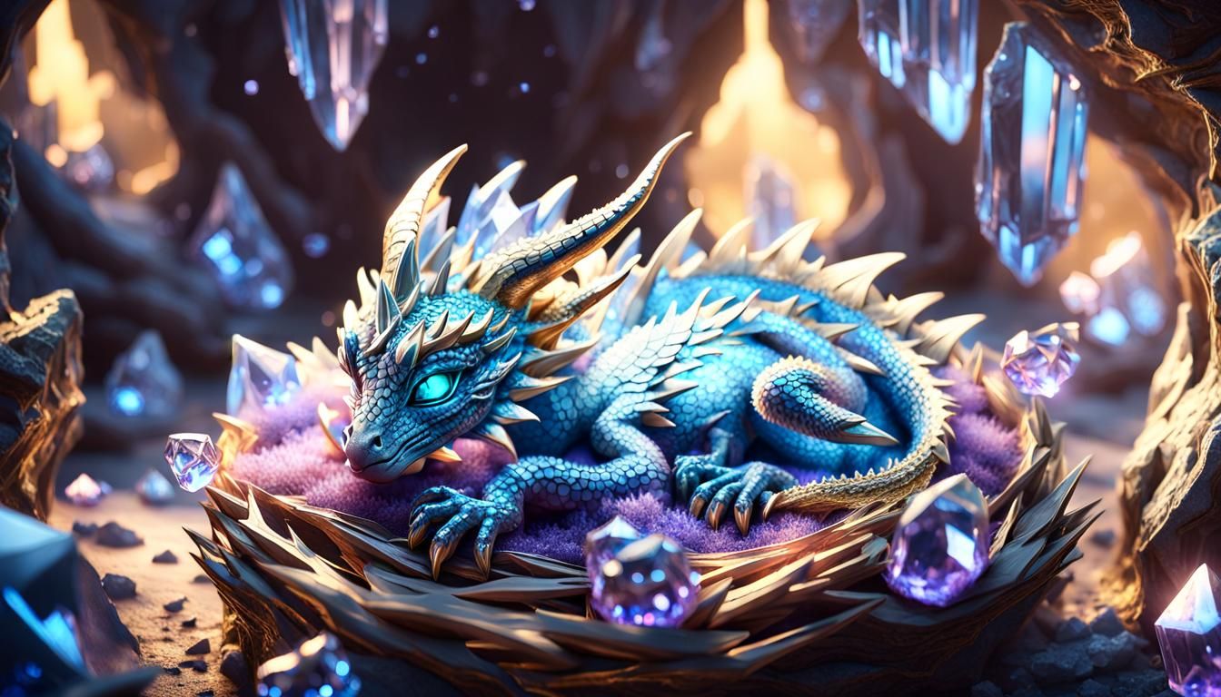 Crystalline Dragon Cub Sleeping in Gemstone Cave