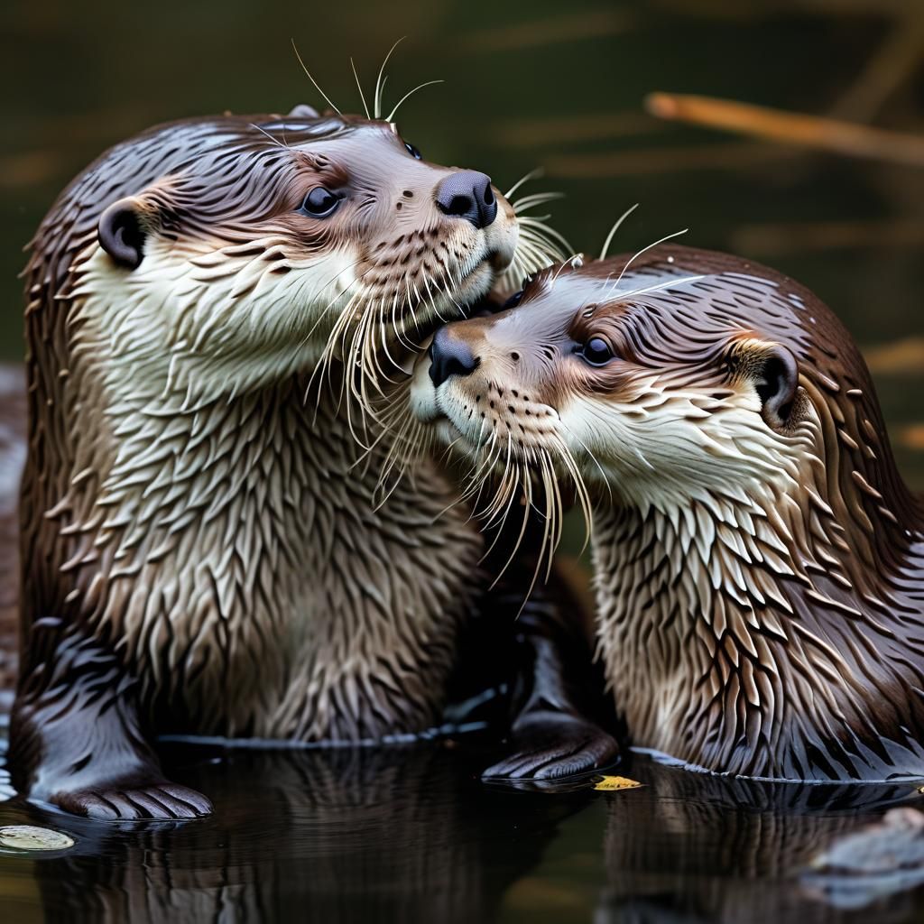 Touching Otters Kiss in Forest Pond: Wildlife Photography