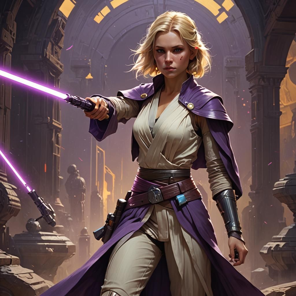 Blonde Jedi with Purple Lightsaber in Dark Fantasy Style